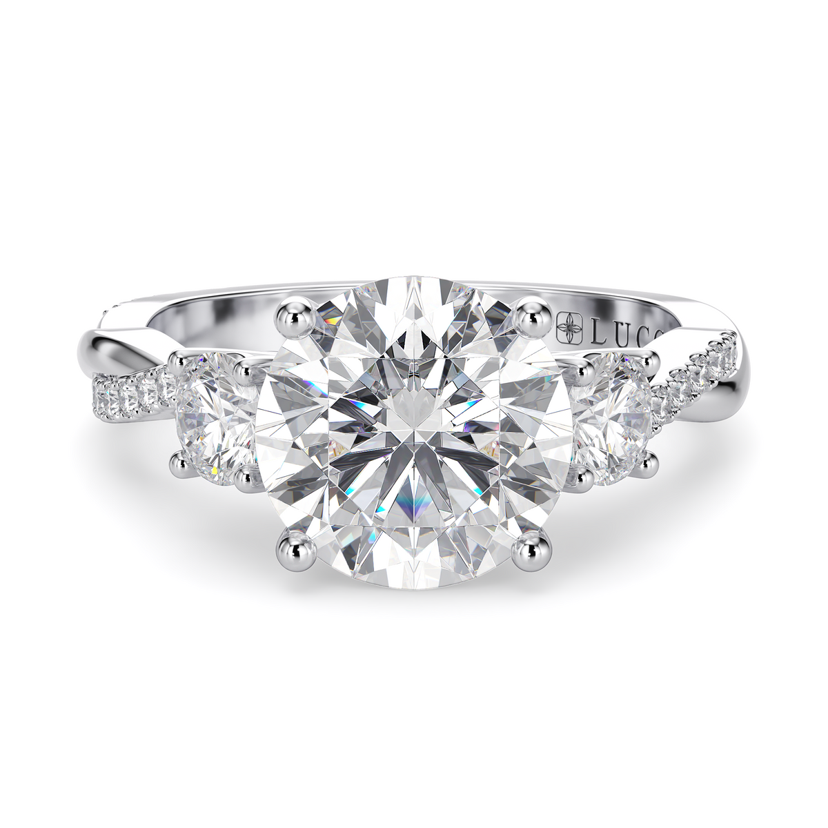 Load image into Gallery viewer, LUCCE Twisting Pavé Round Trilogy Diamond Engagement Ring with Petal Prongs in Gold or Platinum
