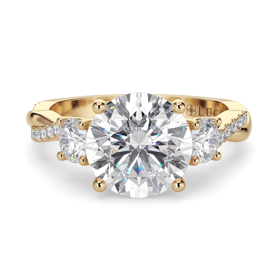 Load image into Gallery viewer, LUCCE Twisting Pavé Round Trilogy Diamond Engagement Ring with Petal Prongs in Gold or Platinum
