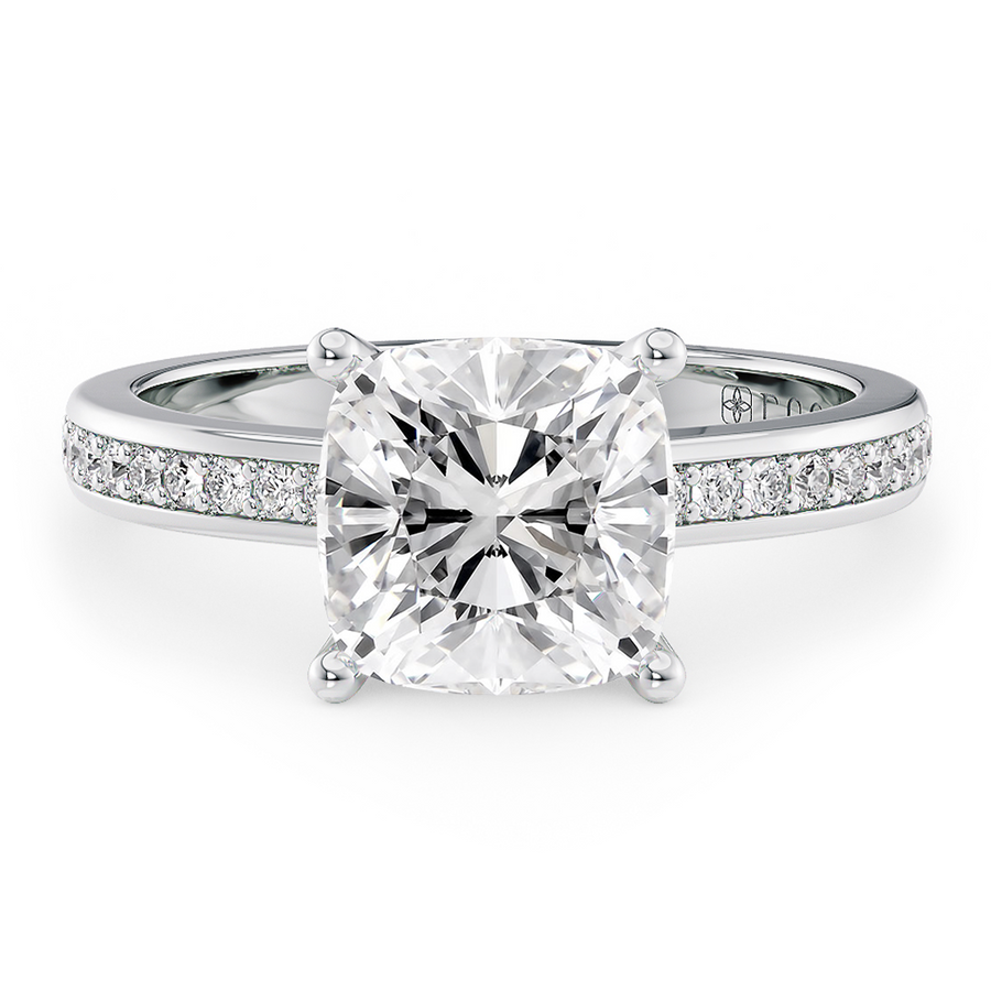Load image into Gallery viewer, LUCCE Low setting with Bead Bright Channel Pavé Diamond and Gemstone Engagement Ring with Cushion Center Stone in Gold or Platinum
