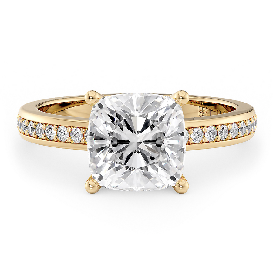 Load image into Gallery viewer, LUCCE Low setting with Bead Bright Channel Pavé Diamond and Gemstone Engagement Ring with Cushion Center Stone in Gold or Platinum
