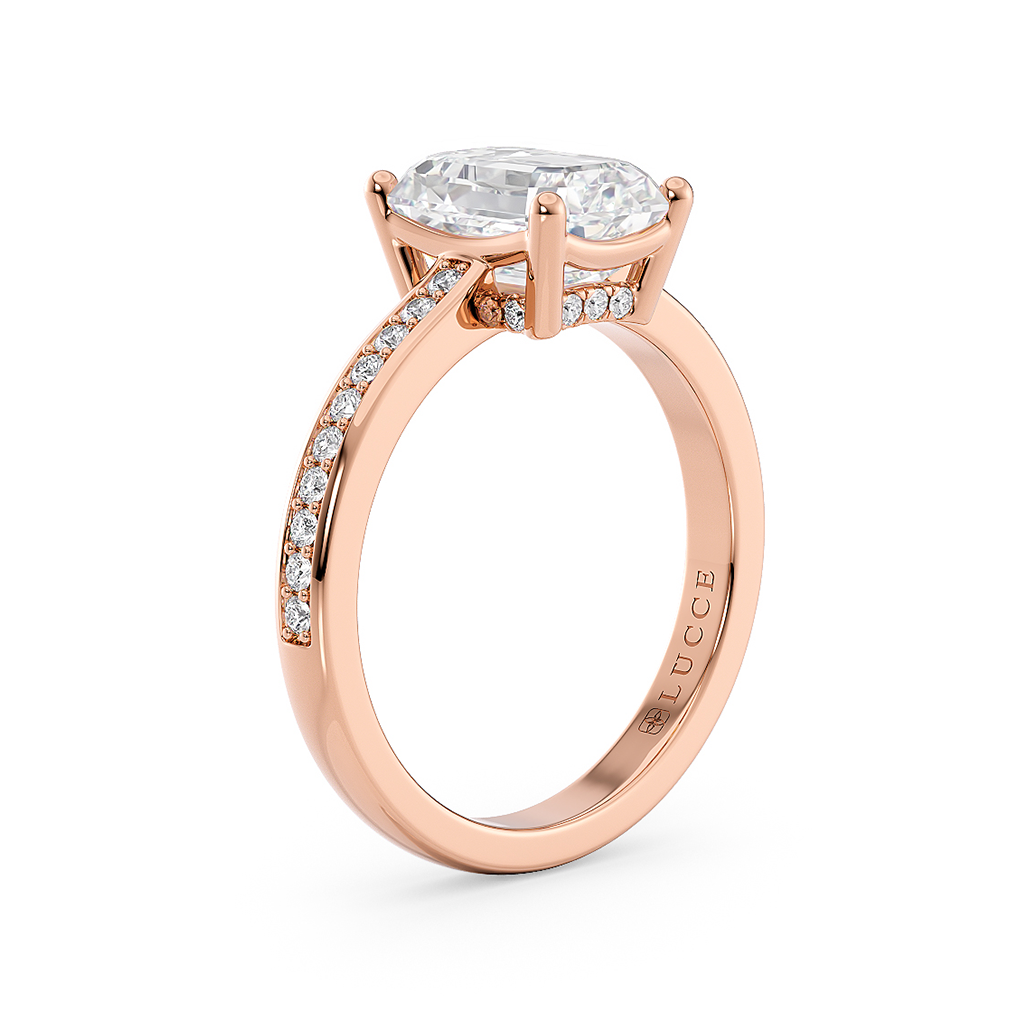 Load image into Gallery viewer, LUCCE Low setting with Bead Bright Channel Pavé Diamond and Gemstone Engagement Ring with Emerald Center Stone in Gold or Platinum
