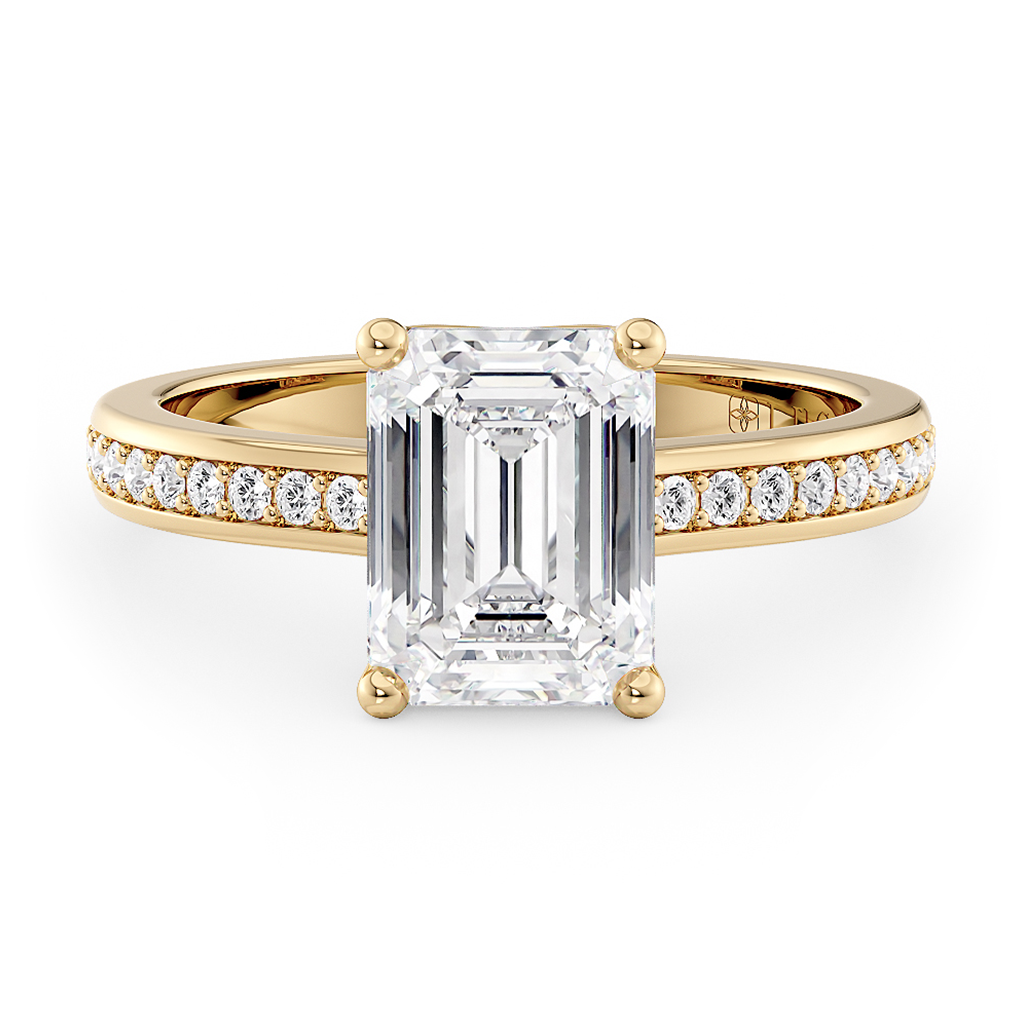 Load image into Gallery viewer, LUCCE Low setting with Bead Bright Channel Pavé Diamond and Gemstone Engagement Ring with Emerald Center Stone in Gold or Platinum
