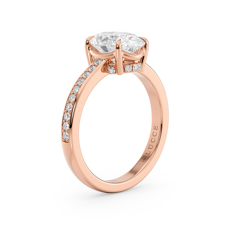 Load image into Gallery viewer, LUCCE Low setting with Bead Bright Channel Pavé Diamond and Gemstone Engagement Ring with Oval Center Stone in Gold or Platinum
