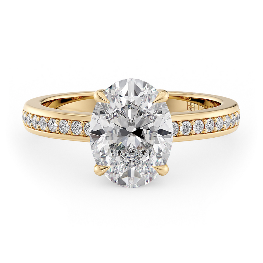 Load image into Gallery viewer, LUCCE Low setting with Bead Bright Channel Pavé Diamond and Gemstone Engagement Ring with Oval Center Stone in Gold or Platinum
