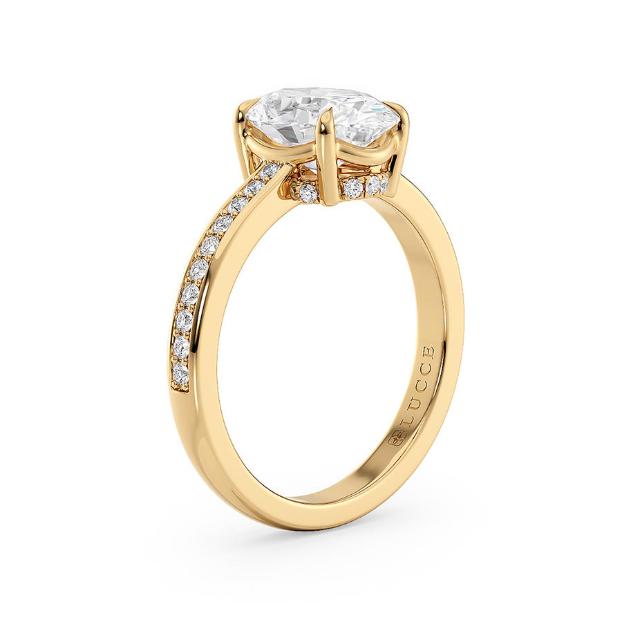 Load image into Gallery viewer, LUCCE Low setting with Bead Bright Channel Pavé Diamond and Gemstone Engagement Ring with Oval Center Stone in Gold or Platinum
