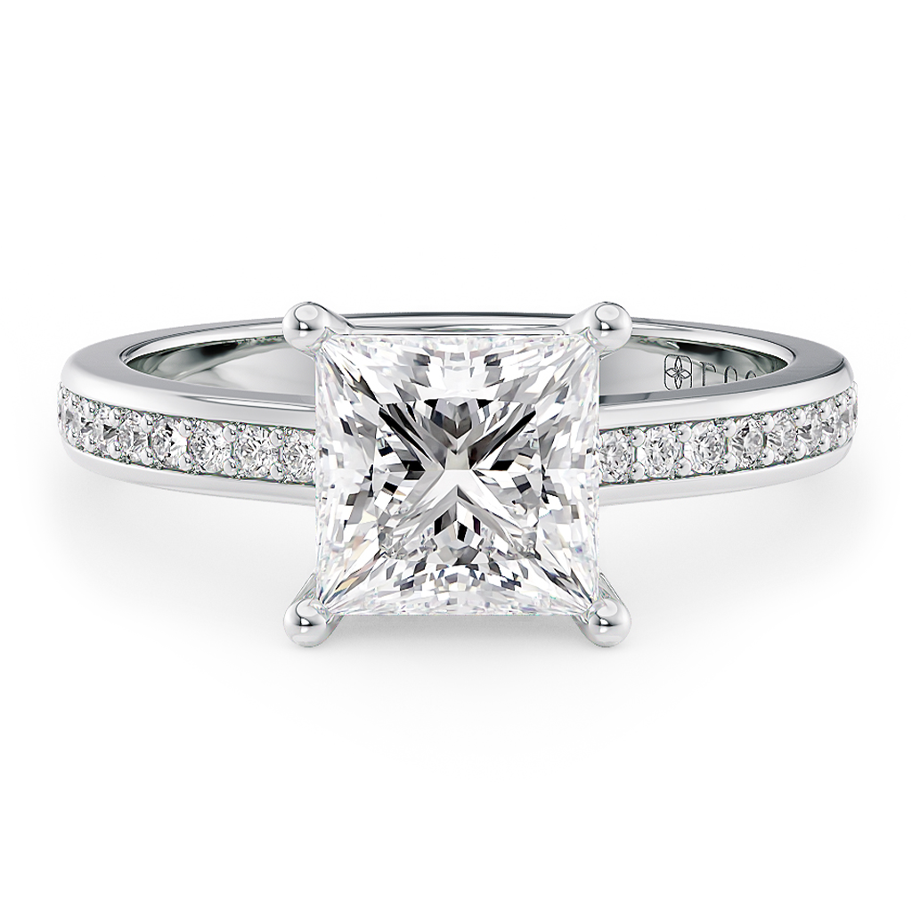 Load image into Gallery viewer, LUCCE Low setting with Bead Bright Channel Pavé Diamond and Gemstone Engagement Ring with Princess Center Stone in Gold or Platinum
