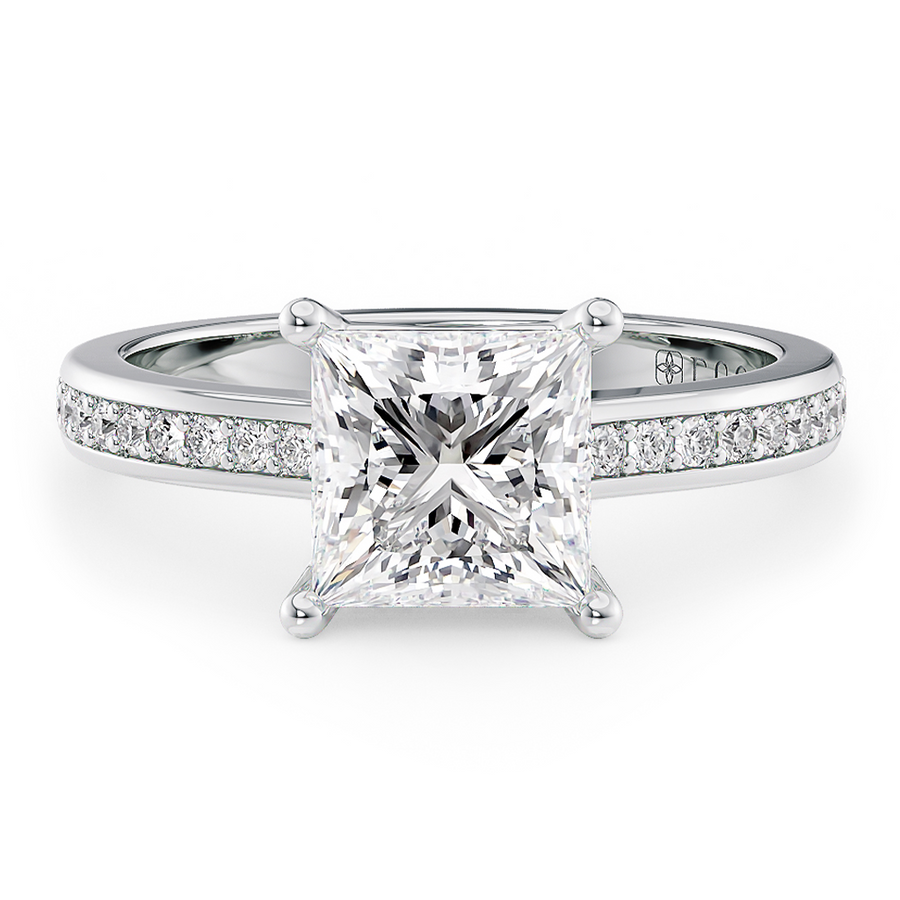 Load image into Gallery viewer, LUCCE Low setting with Bead Bright Channel Pavé Diamond and Gemstone Engagement Ring with Princess Center Stone in Gold or Platinum
