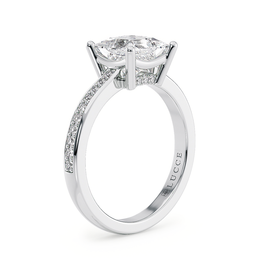 Load image into Gallery viewer, LUCCE Low setting with Bead Bright Channel Pavé Diamond and Gemstone Engagement Ring with Cushion Center Stone in Gold or Platinum
