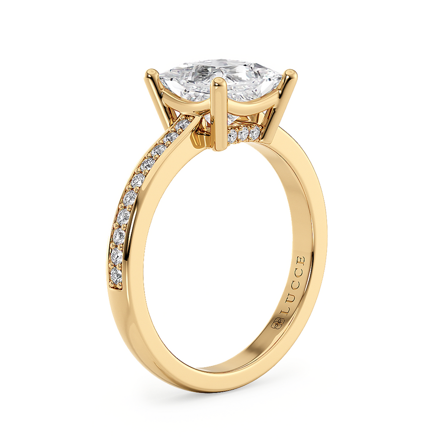Load image into Gallery viewer, LUCCE Low setting with Bead Bright Channel Pavé Diamond and Gemstone Engagement Ring with Cushion Center Stone in Gold or Platinum
