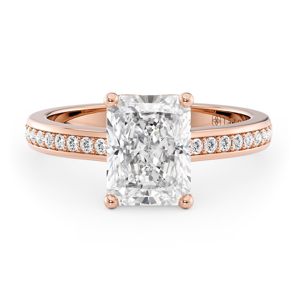 Load image into Gallery viewer, LUCCE Low setting with Bead Bright Channel Pavé Diamond and Gemstone Engagement Ring with Radiant Center Stone in Gold or Platinum
