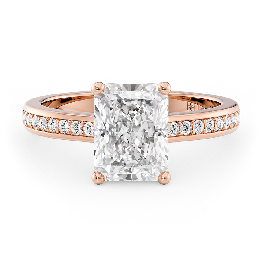 Load image into Gallery viewer, LUCCE Low setting with Bead Bright Channel Pavé Diamond and Gemstone Engagement Ring with Radiant Center Stone in Gold or Platinum
