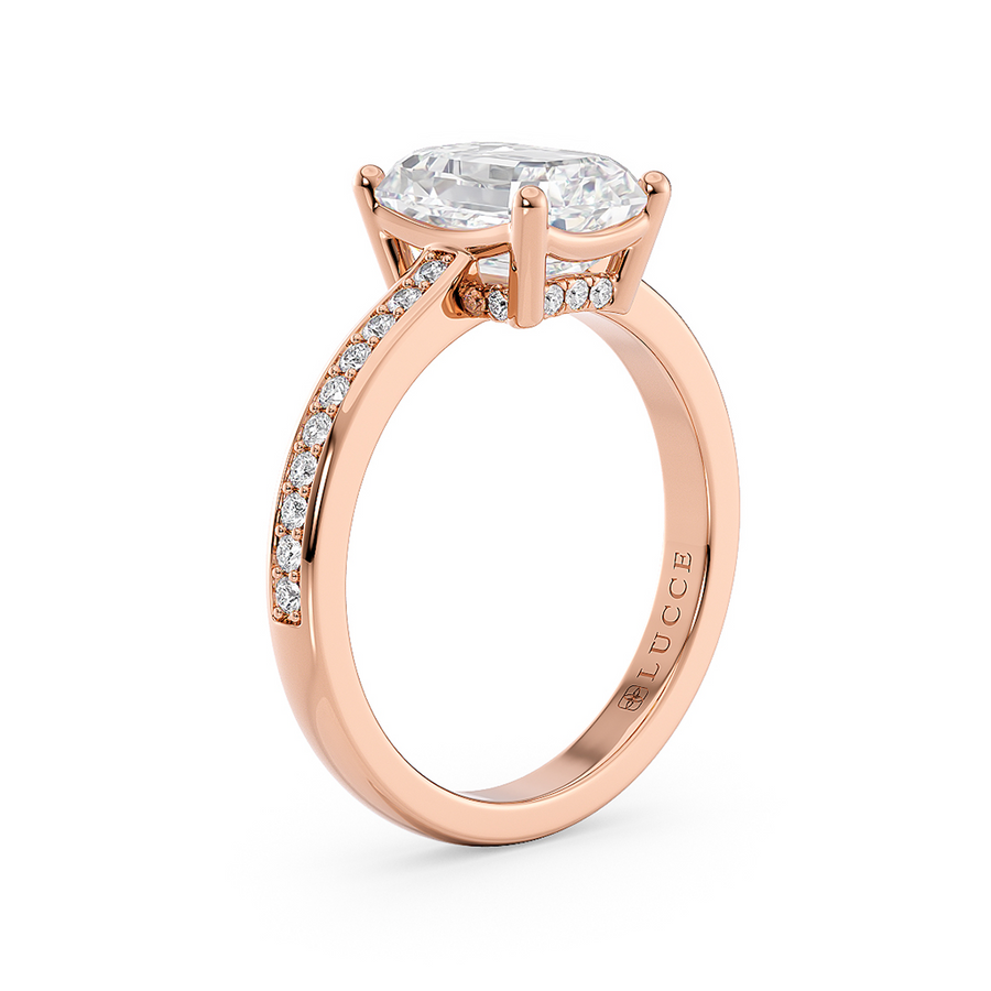 Load image into Gallery viewer, LUCCE Low setting with Bead Bright Channel Pavé Diamond and Gemstone Engagement Ring with Radiant Center Stone in Gold or Platinum
