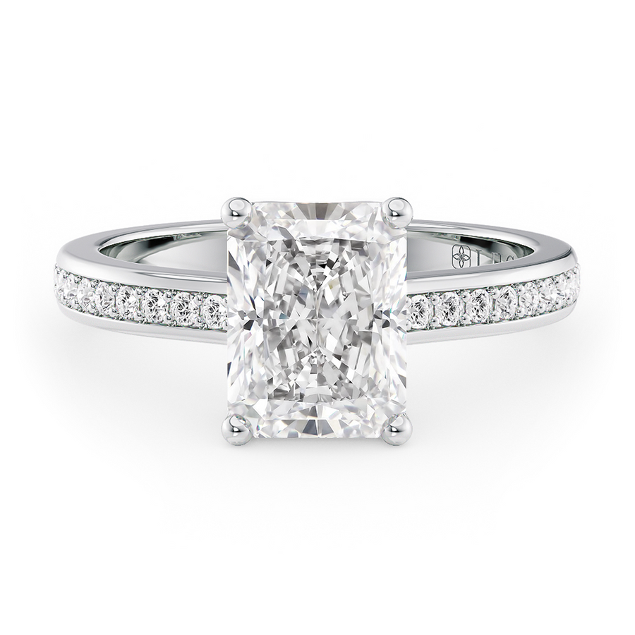 Load image into Gallery viewer, LUCCE Low setting with Bead Bright Channel Pavé Diamond and Gemstone Engagement Ring with Radiant Center Stone in Gold or Platinum
