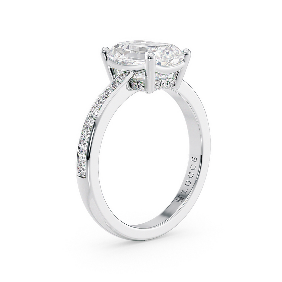 Load image into Gallery viewer, LUCCE Low setting with Bead Bright Channel Pavé Diamond and Gemstone Engagement Ring with Radiant Center Stone in Gold or Platinum
