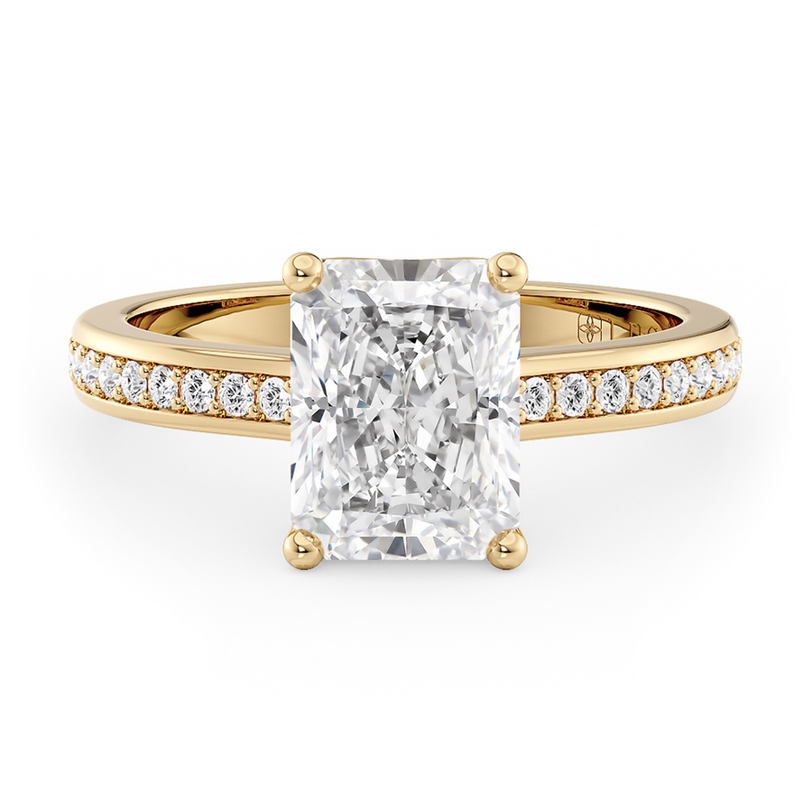 Load image into Gallery viewer, LUCCE Low setting with Bead Bright Channel Pavé Diamond and Gemstone Engagement Ring with Radiant Center Stone in Gold or Platinum
