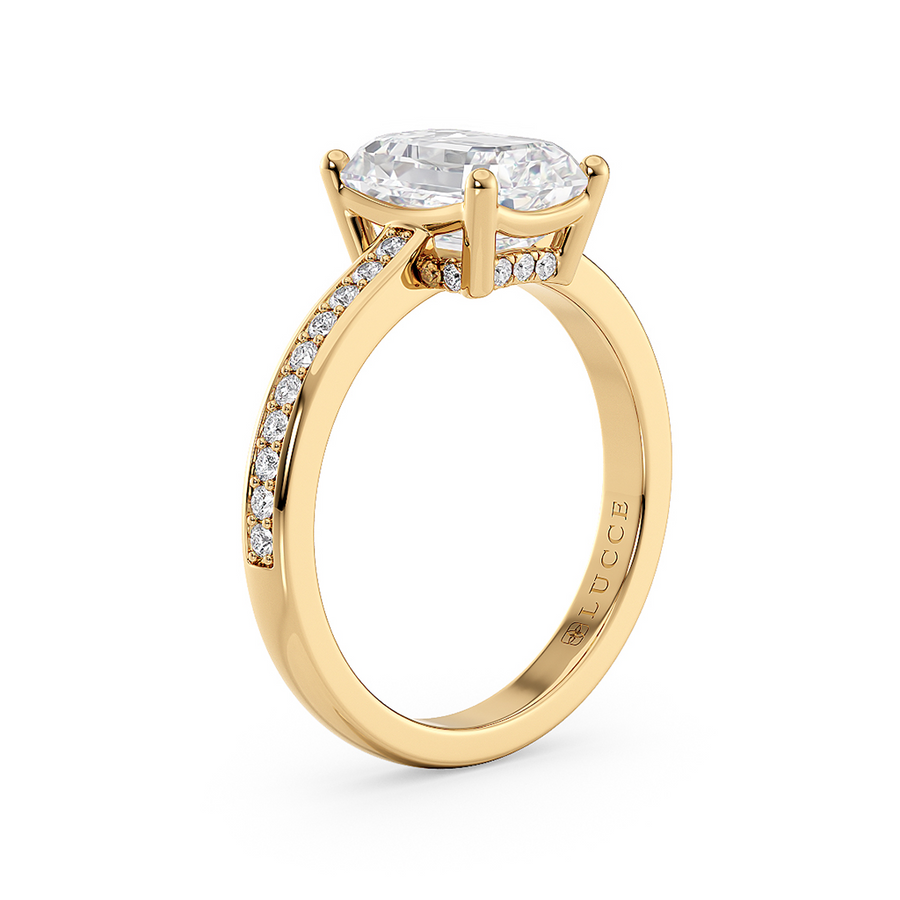 Load image into Gallery viewer, LUCCE Low setting with Bead Bright Channel Pavé Diamond and Gemstone Engagement Ring with Radiant Center Stone in Gold or Platinum
