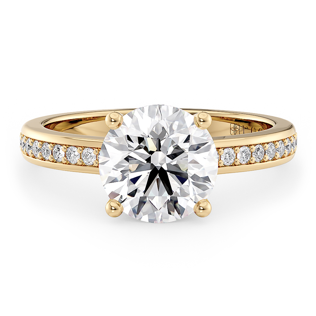 Load image into Gallery viewer, LUCCE Low setting with Bead Bright Channel Pavé Diamond and Gemstone Engagement Ring with Round Center Stone in Gold or Platinum
