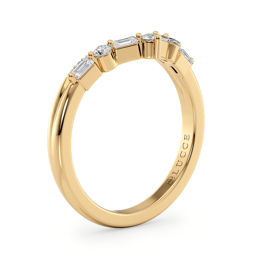 Load image into Gallery viewer, Half Eternity Chevron Pavé and Alternating Round and Baguette Round Diamond Wedding Ring in Gold or Platinum
