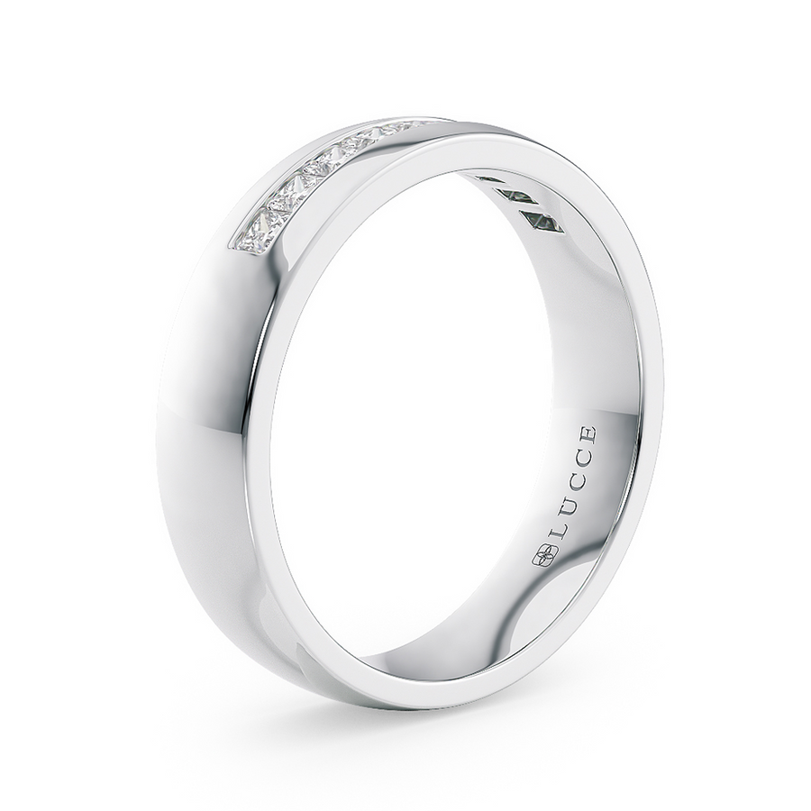 Load image into Gallery viewer, LUCCE Semi-Domed Unisex Wedding Ring with Princess Cut Diamonds on Gold or Platinum
