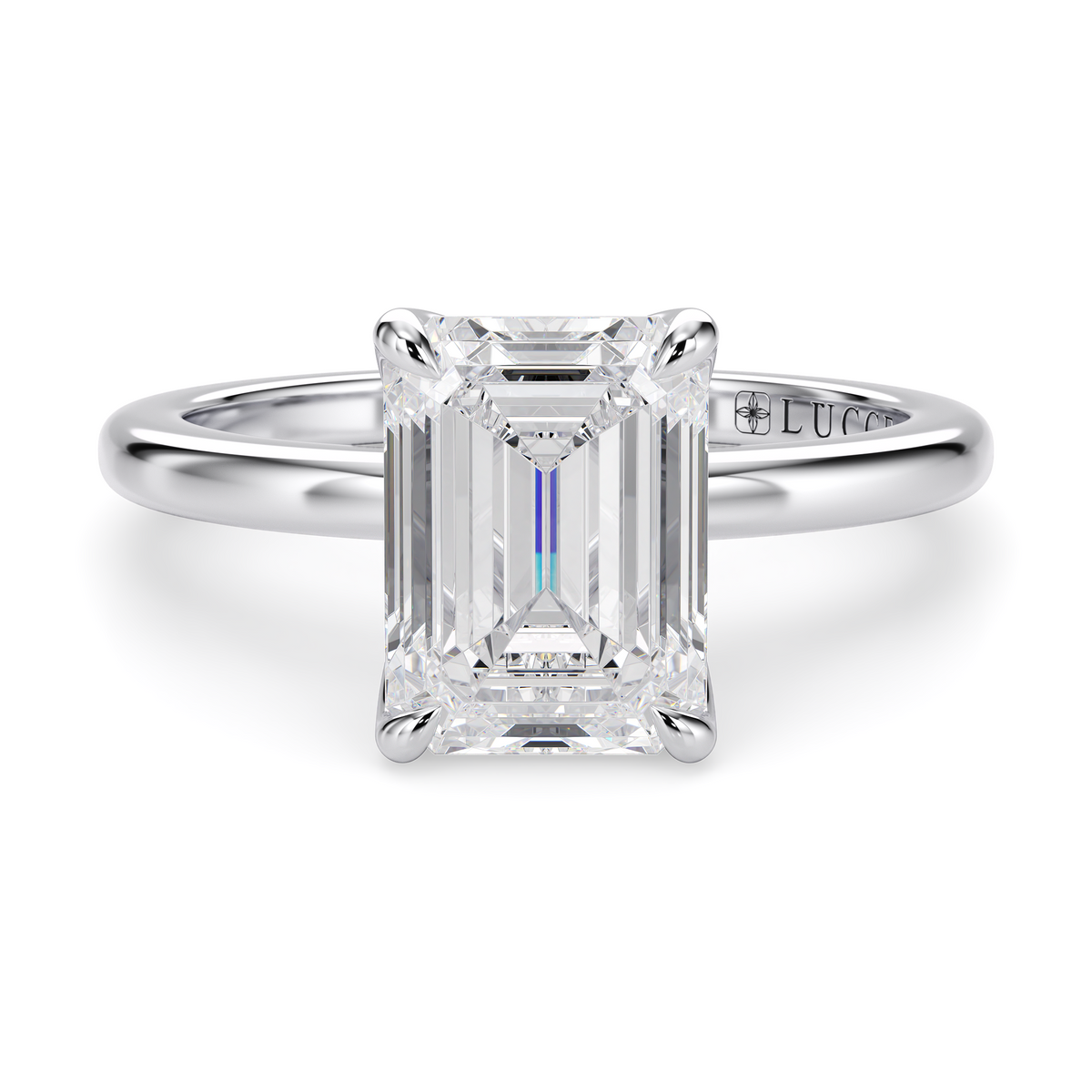 Load image into Gallery viewer, LUCCE Solitaire Emerald Diamond Engagement Ring with Petal Prongs in Gold or Platinum

