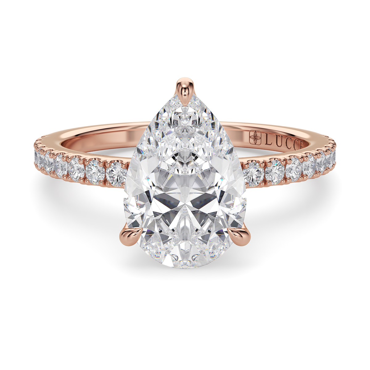 Load image into Gallery viewer, LUCCE Pavé Pear Diamond Engagement Ring with Hidden Halo and Petal Prongs in Gold or Platinum
