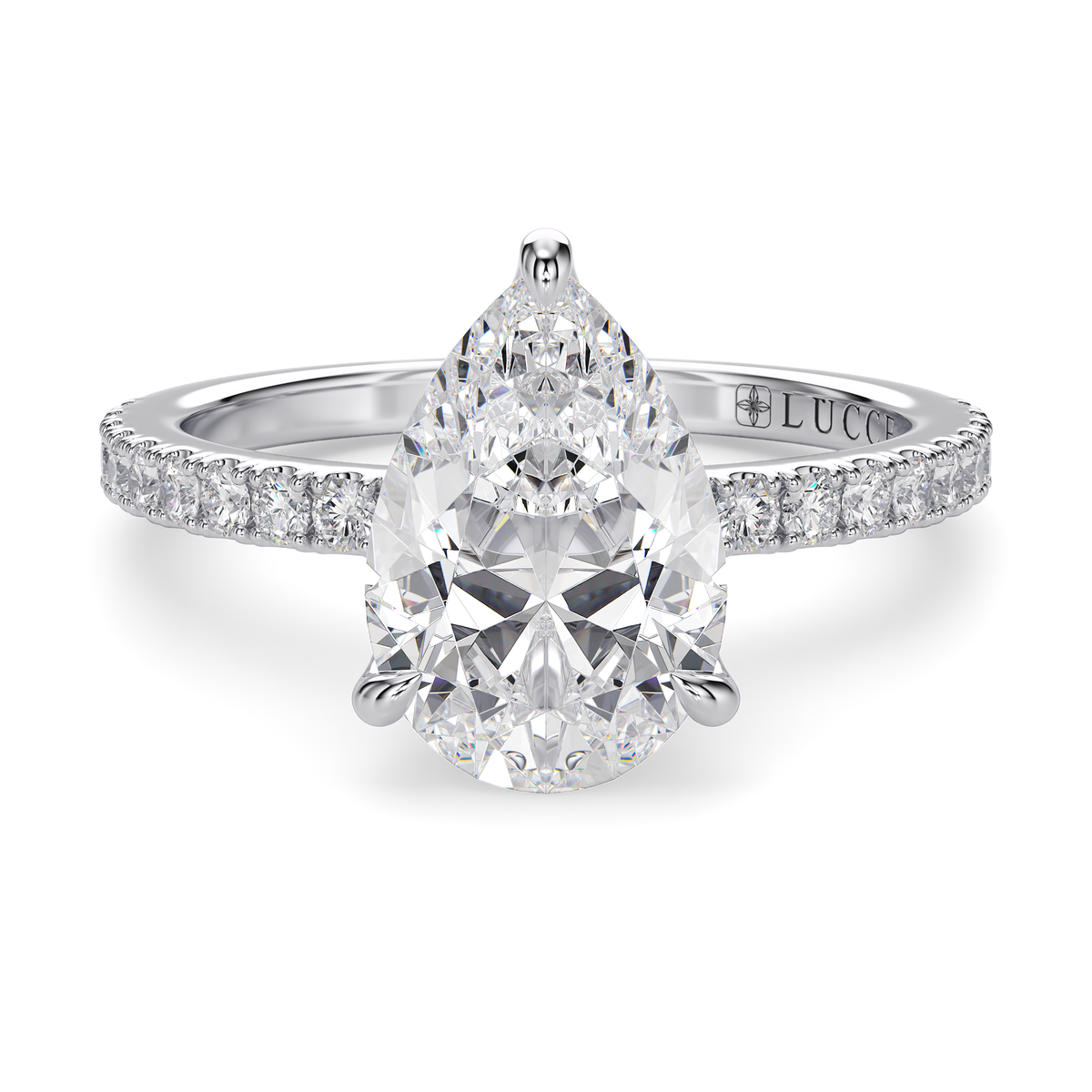 Load image into Gallery viewer, LUCCE Pavé Pear Diamond Engagement Ring with Hidden Halo and Petal Prongs in Gold or Platinum

