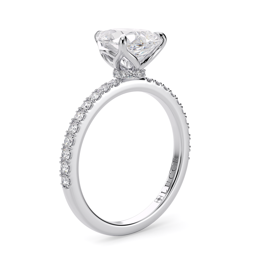 Load image into Gallery viewer, LUCCE Pavé Pear Diamond Engagement Ring with Hidden Halo and Petal Prongs in Gold or Platinum

