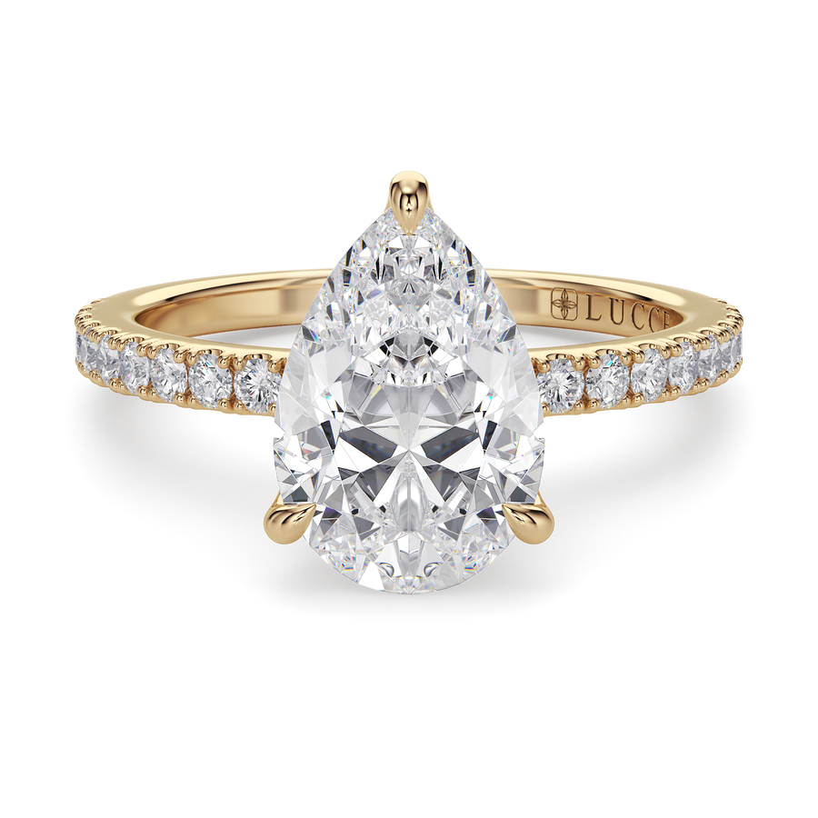 Load image into Gallery viewer, LUCCE Pavé Pear Diamond Engagement Ring with Hidden Halo and Petal Prongs in Gold or Platinum
