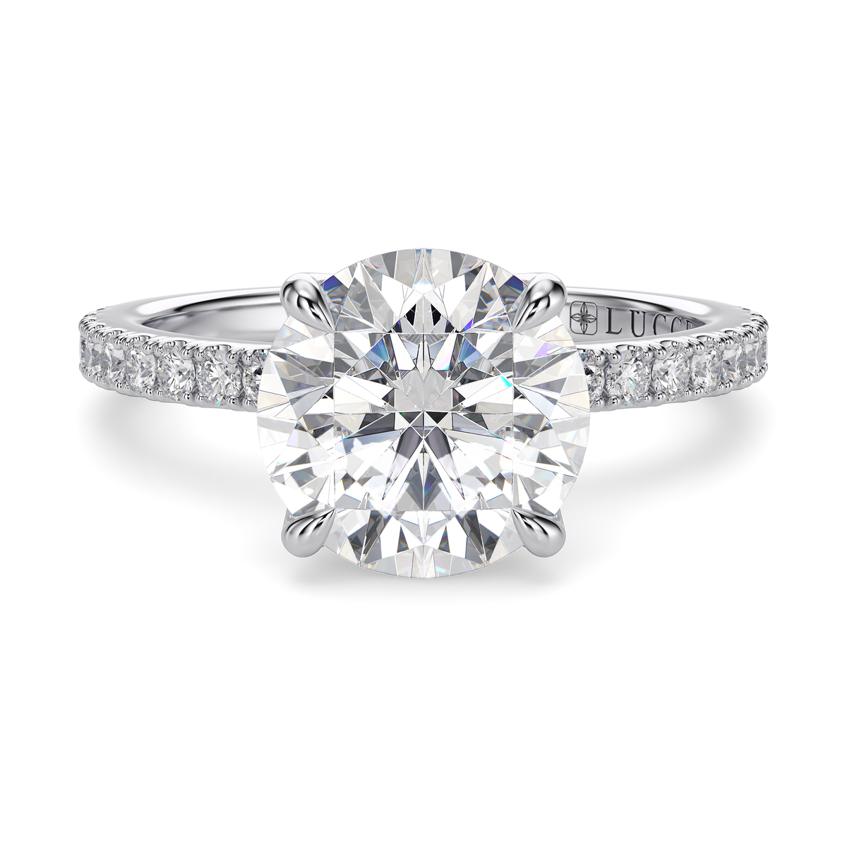 Load image into Gallery viewer, LUCCE Pavé Round Diamond Engagement Ring with Hidden Halo and  Petal Prongs in Gold or Platinum
