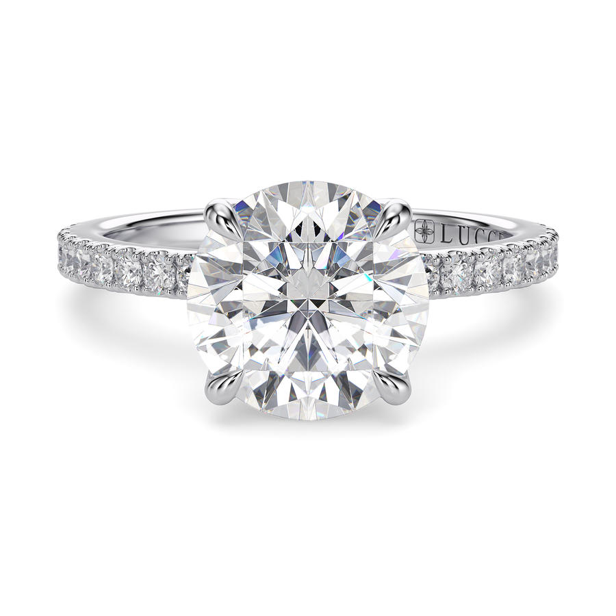 Load image into Gallery viewer, LUCCE Pavé Round Diamond Engagement Ring with Hidden Halo and  Petal Prongs in Gold or Platinum
