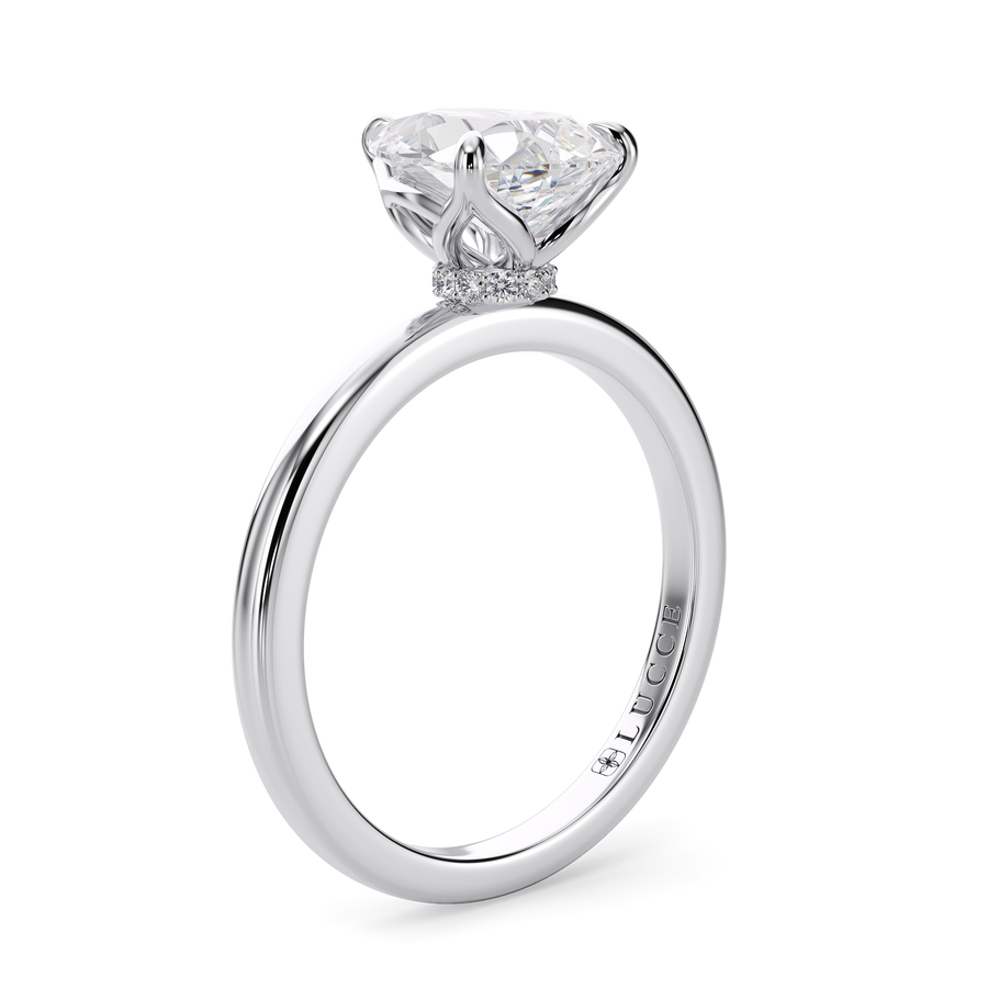 Load image into Gallery viewer, LUCCE Solitaire Pear Diamond Engagement Ring with Hidden Halo and Petal Prongs in Gold or Platinum
