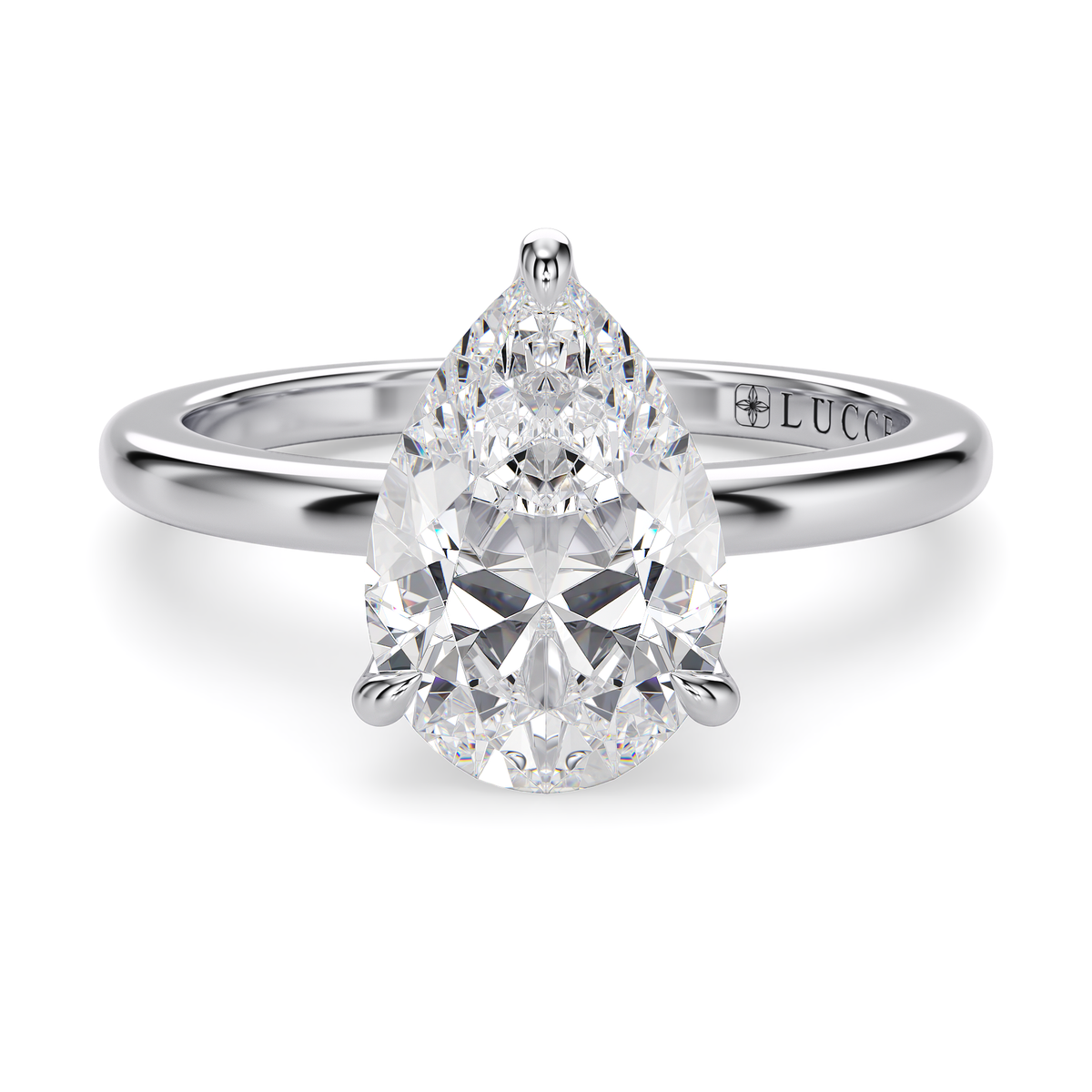 Load image into Gallery viewer, LUCCE Solitaire Pear Diamond Engagement Ring with Hidden Halo and Petal Prongs in Gold or Platinum
