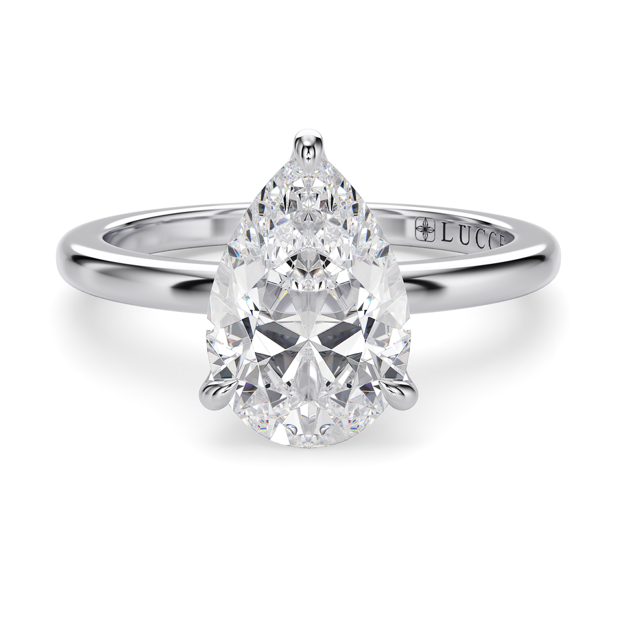 Load image into Gallery viewer, LUCCE Solitaire Pear Diamond Engagement Ring with Hidden Halo and Petal Prongs in Gold or Platinum
