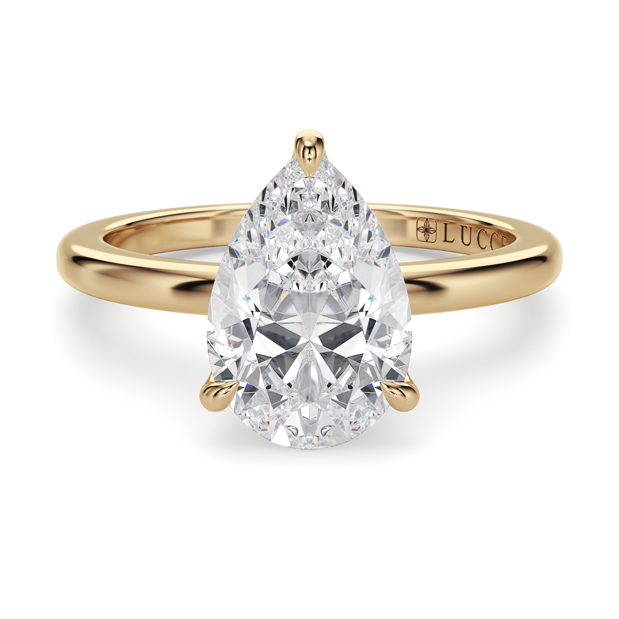Load image into Gallery viewer, LUCCE Solitaire Pear Diamond Engagement Ring with Hidden Halo and Petal Prongs in Gold or Platinum
