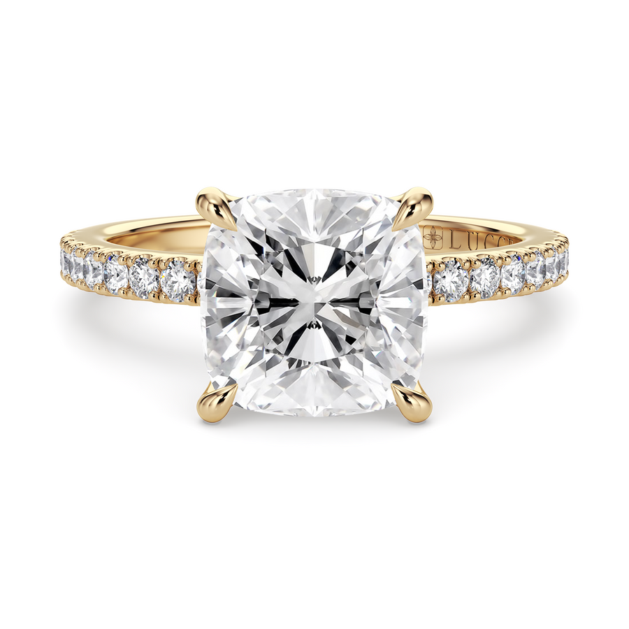 Load image into Gallery viewer, LUCCE Pavé Cushion Diamond Engagement Ring with Petal Prongs in Gold or Platinum
