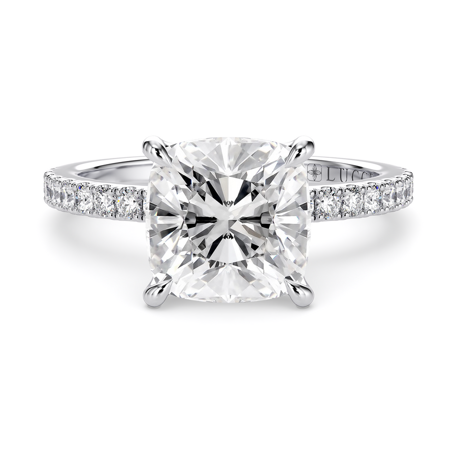 Load image into Gallery viewer, LUCCE Pavé Cushion Diamond Engagement Ring with Petal Prongs in Gold or Platinum
