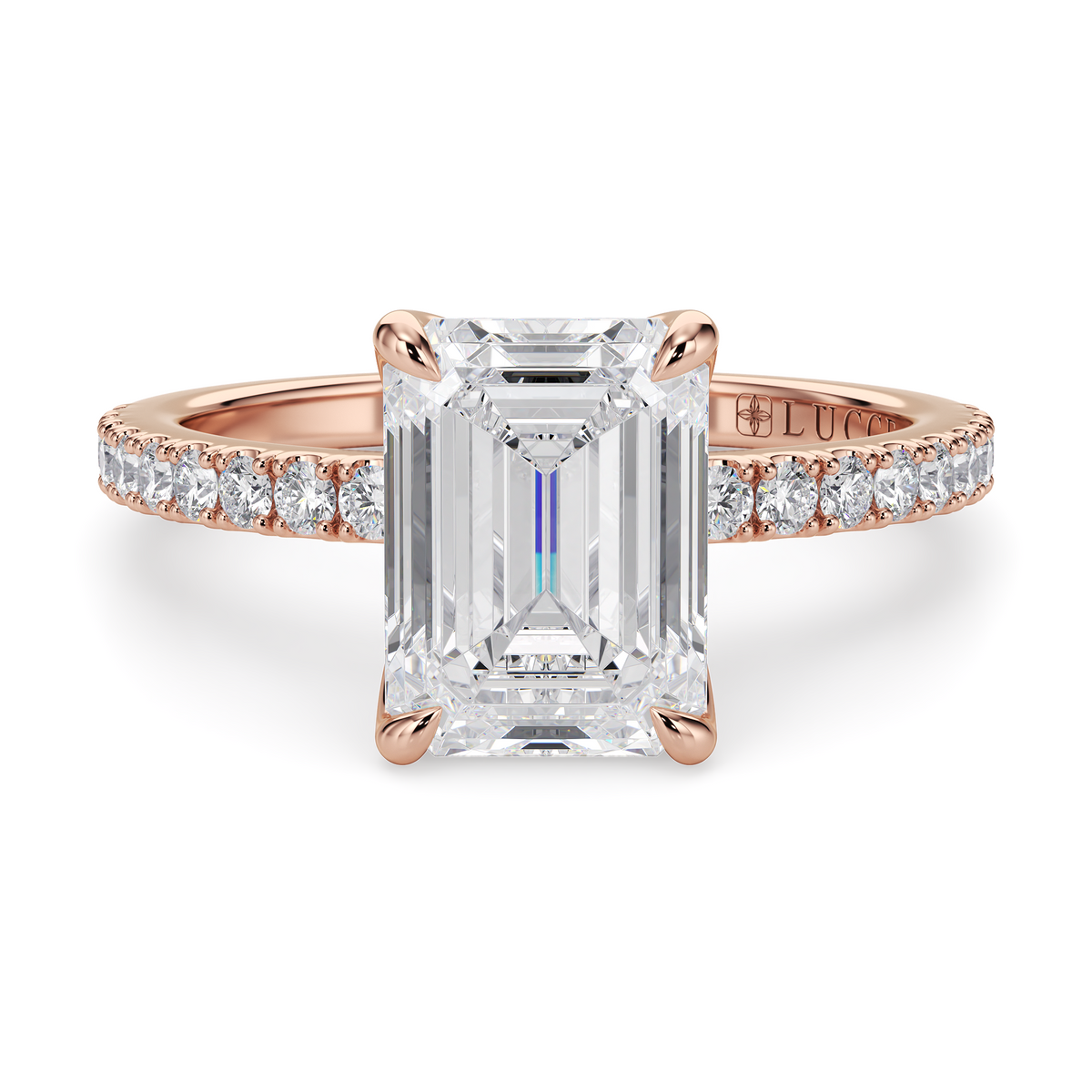 Load image into Gallery viewer, LUCCE Pavé Emerald Diamond Engagement Ring with Petal Prongs in Gold or Platinum

