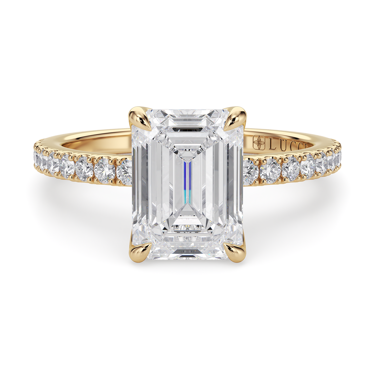 Load image into Gallery viewer, LUCCE Pavé Emerald Diamond Engagement Ring with Petal Prongs in Gold or Platinum
