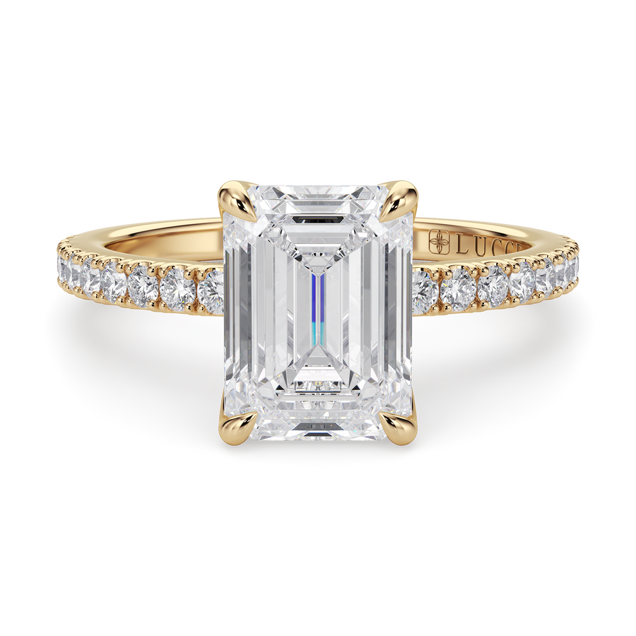Load image into Gallery viewer, LUCCE Pavé Emerald Diamond Engagement Ring with Petal Prongs in Gold or Platinum
