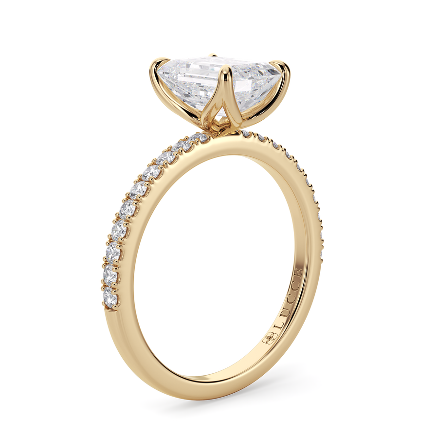 Load image into Gallery viewer, LUCCE Pavé Emerald Diamond Engagement Ring with Petal Prongs in Gold or Platinum
