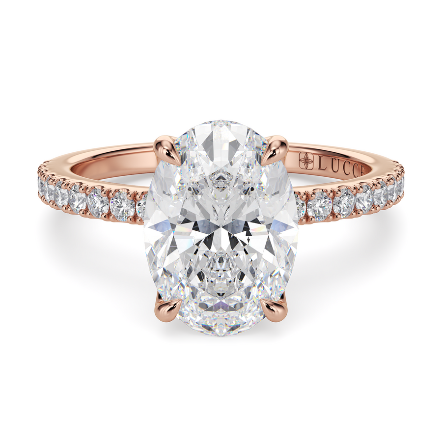 Load image into Gallery viewer, LUCCE Pavé Oval Diamond Engagement Ring with Petal Prongs in Gold or Platinum
