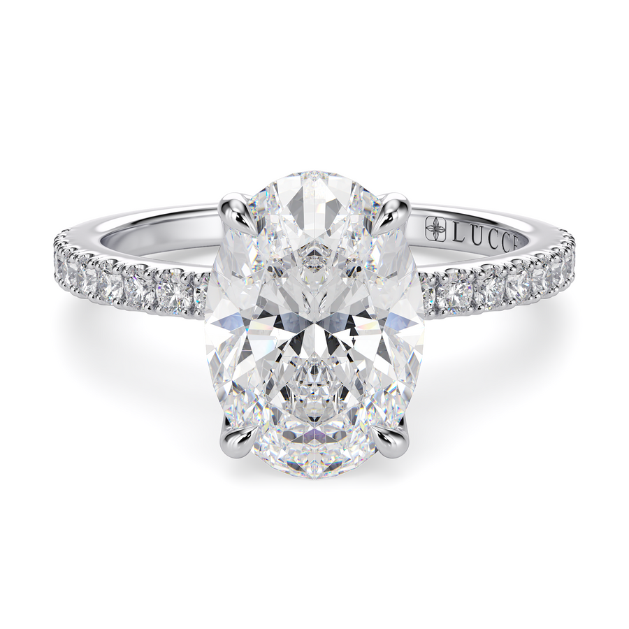 Load image into Gallery viewer, LUCCE Pavé Oval Diamond Engagement Ring with Petal Prongs in Gold or Platinum
