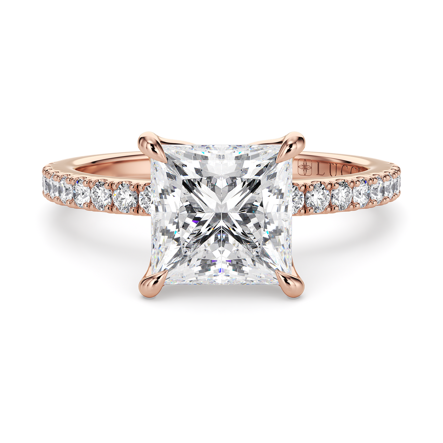 Load image into Gallery viewer, LUCCE Pavé Princess Diamond Engagement Ring with Petal Prongs in Gold or Platinum
