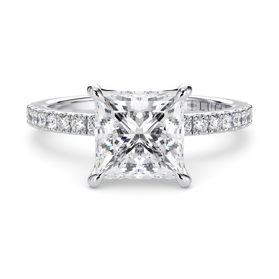 Load image into Gallery viewer, LUCCE Pavé Princess Diamond Engagement Ring with Petal Prongs in Gold or Platinum
