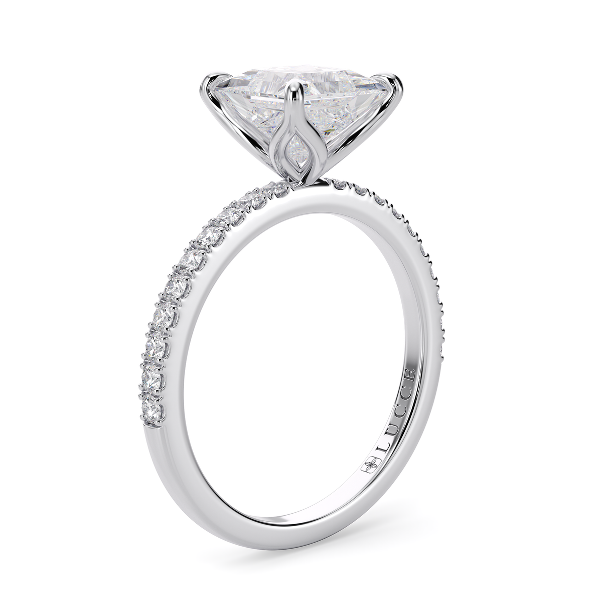 Load image into Gallery viewer, LUCCE Pavé Princess Diamond Engagement Ring with Petal Prongs in Gold or Platinum
