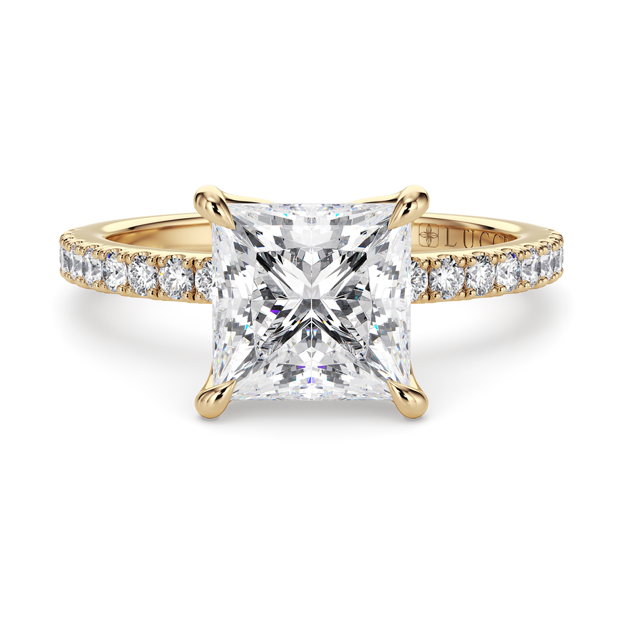 Load image into Gallery viewer, LUCCE Pavé Princess Diamond Engagement Ring with Petal Prongs in Gold or Platinum
