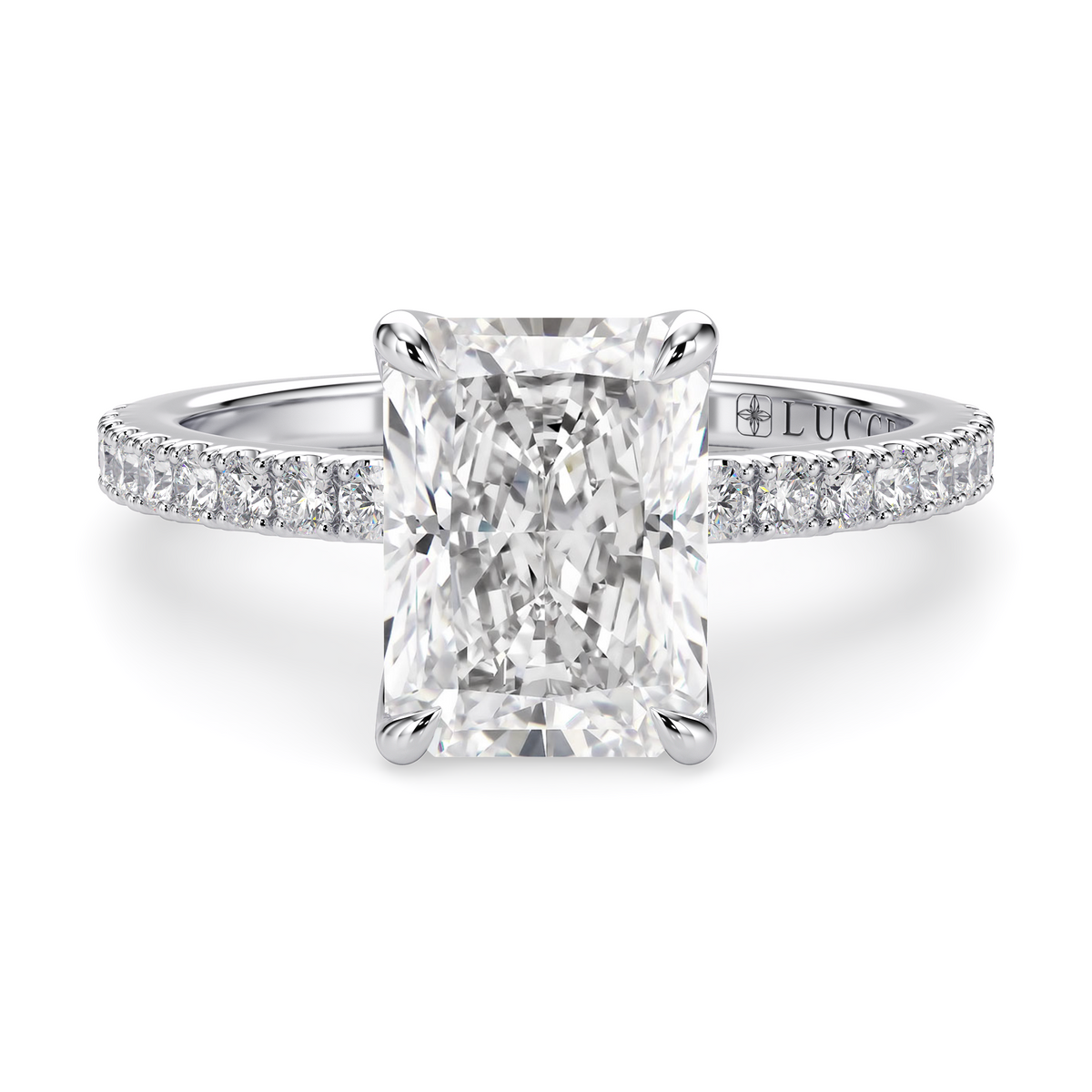 Load image into Gallery viewer, LUCCE Pavé Radiant Diamond Engagement Ring with Petal Prongs in Gold or Platinum

