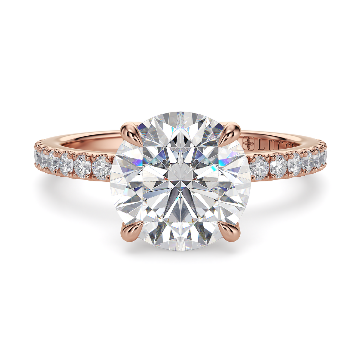 Load image into Gallery viewer, LUCCE Pavé Round Diamond Engagement Ring with Petal Prongs in Gold or Platinum
