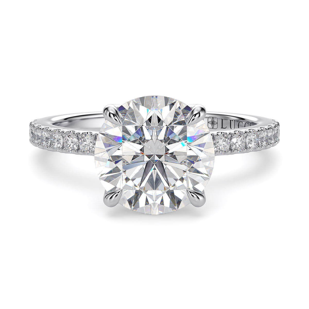 Load image into Gallery viewer, LUCCE Pavé Round Diamond Engagement Ring with Petal Prongs in Gold or Platinum
