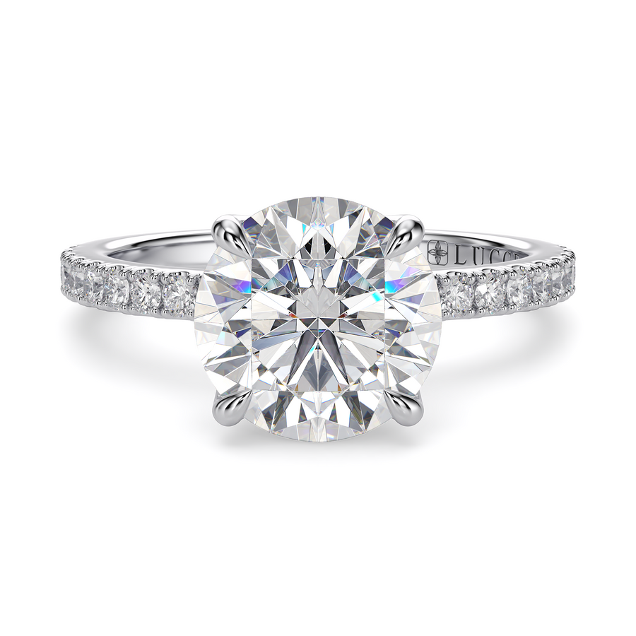 Load image into Gallery viewer, LUCCE Pavé Round Diamond Engagement Ring with Petal Prongs in Gold or Platinum
